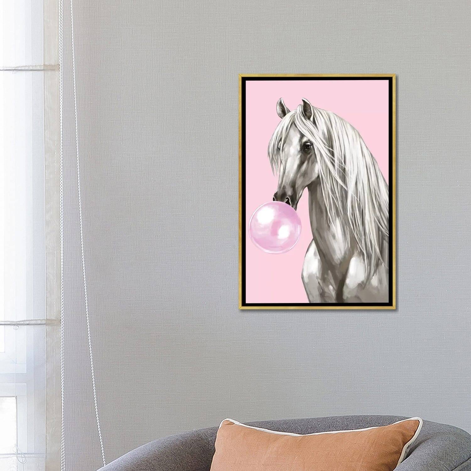 iCanvas "White Horse With Bubbble Gum In Pink" by Big Nose Work Framed